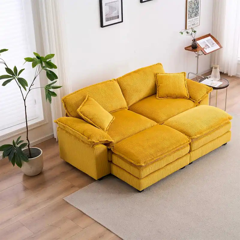 Modern 2-Seater Corduroy Sofa with 4 Support Pillows and 2 Ottomans