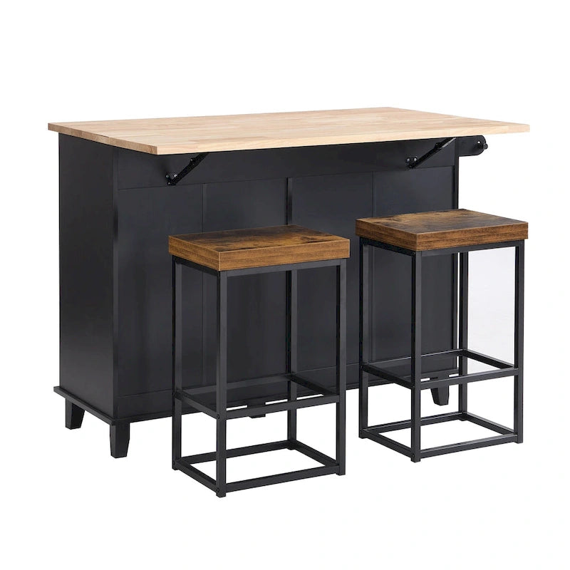 TOPMAX Kitchen Island Set with Drop Leaf and 2 Seatings, Dining Table Set with Adjustable Shelf, Drawers and Towel Rack