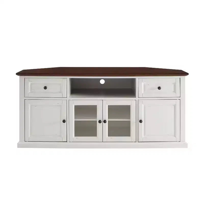 White Corner TV Stand for TVs up to 65, Beveled Glass Doors, 1-Person Assembly