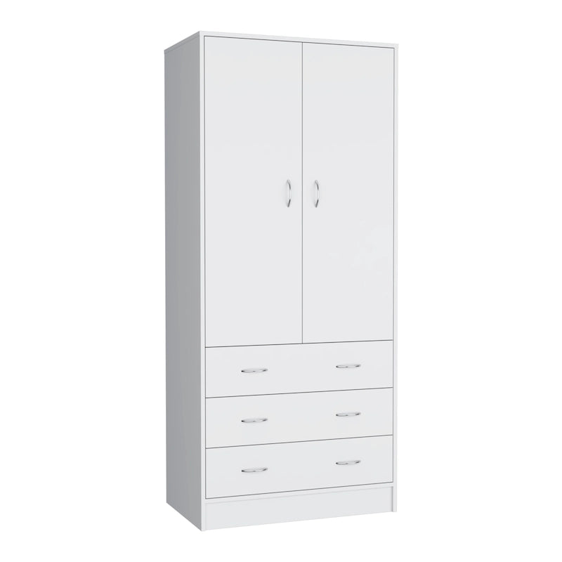 19 Modern Double-door Armoire with 3 Drawers and 1 Hanging Rod for Bedroom