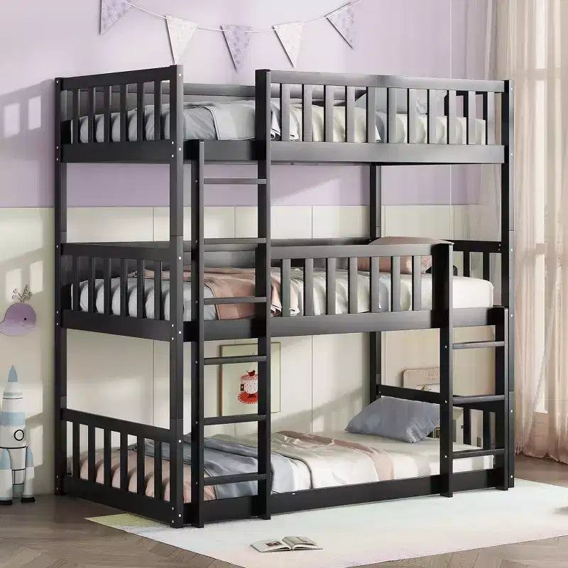 Triple Twin Bunk for Kids, Twin over Twin over Twin Detachable Bunk Bed with Ladder and Guardrail, Separate into 3 Beds