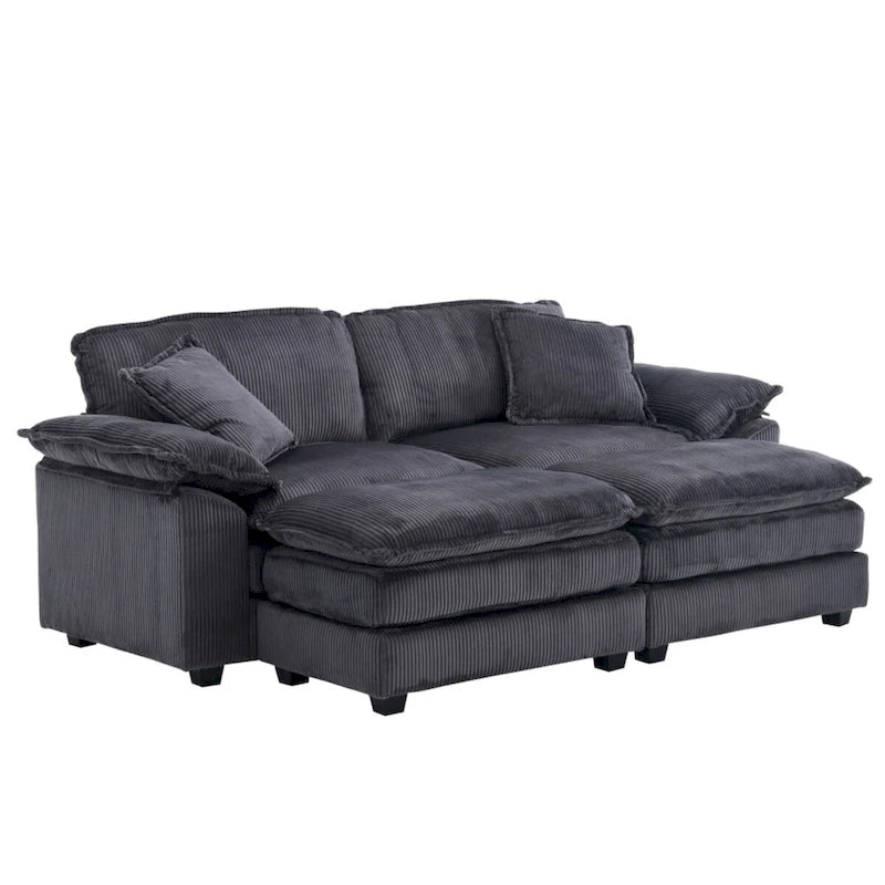 Modern 2-Seater Corduroy Sofa with 4 Support Pillows and 2 Ottomans