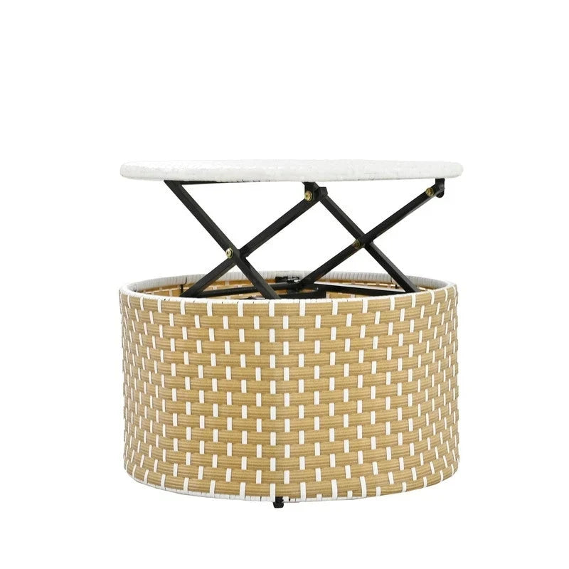 Round Outdoor Daybed Two-Tone Weave Sunbed with Retractable Canopy