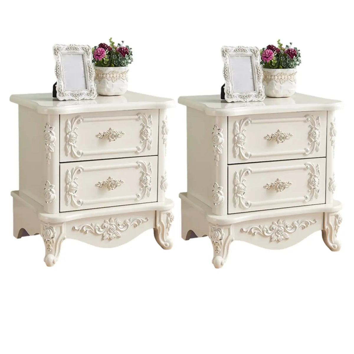 Traditional White Wood Carved 3-Drawer Nightstand