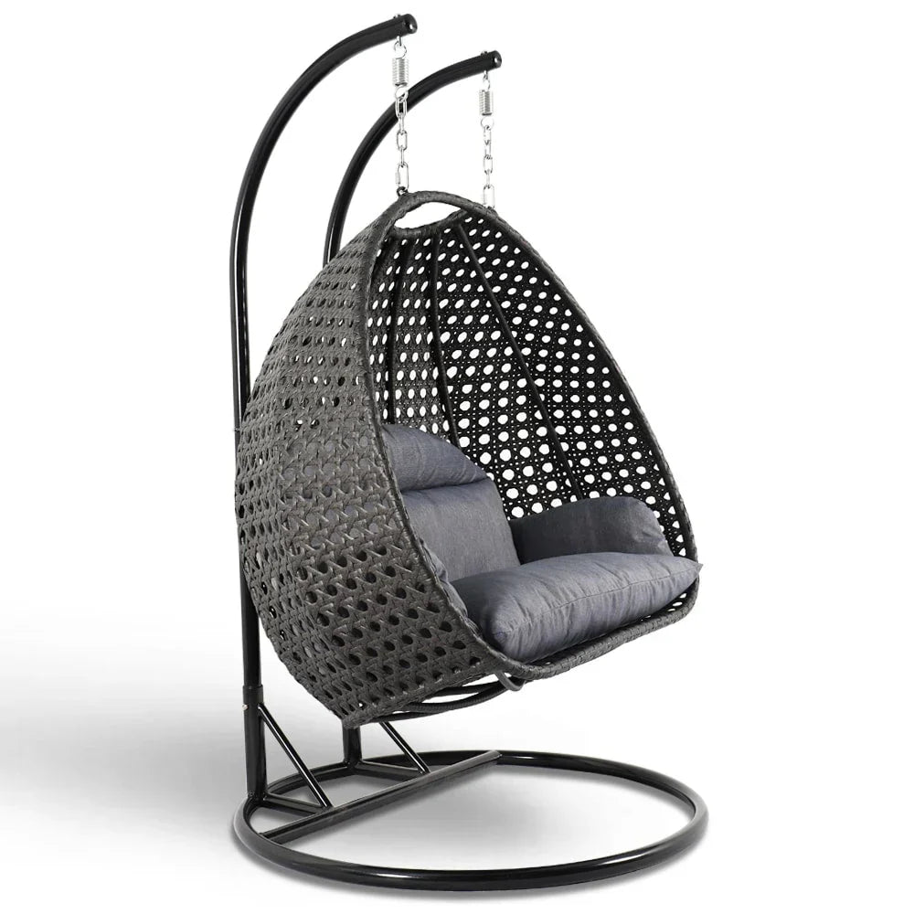 LeisureMod 2 Person Hanging Egg Chair with Stand - Outdoor/Indoor Rattan Wicker Patio Swing Hammock Lounger with Cushions