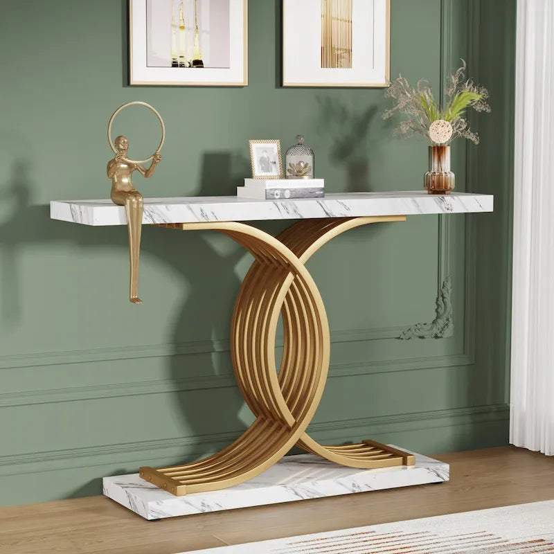 Black/ Gold Modern Sofa Table with Faux Marble Tabletop, 39 Inches Wood Foyer Table with Geometric Metal Legs for Entryway