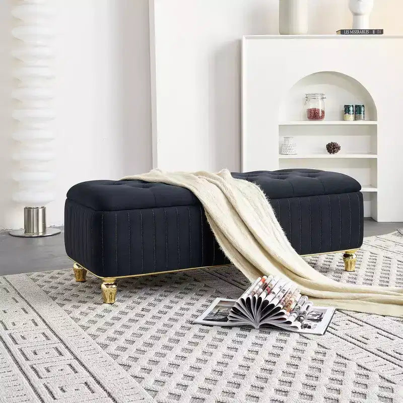 Okak Modern Luxury Flip Top Deep Button Ottoman Bench with Gold Decor & Metal Legs,Upholstered Storage Bench for Living Room,Bedroom