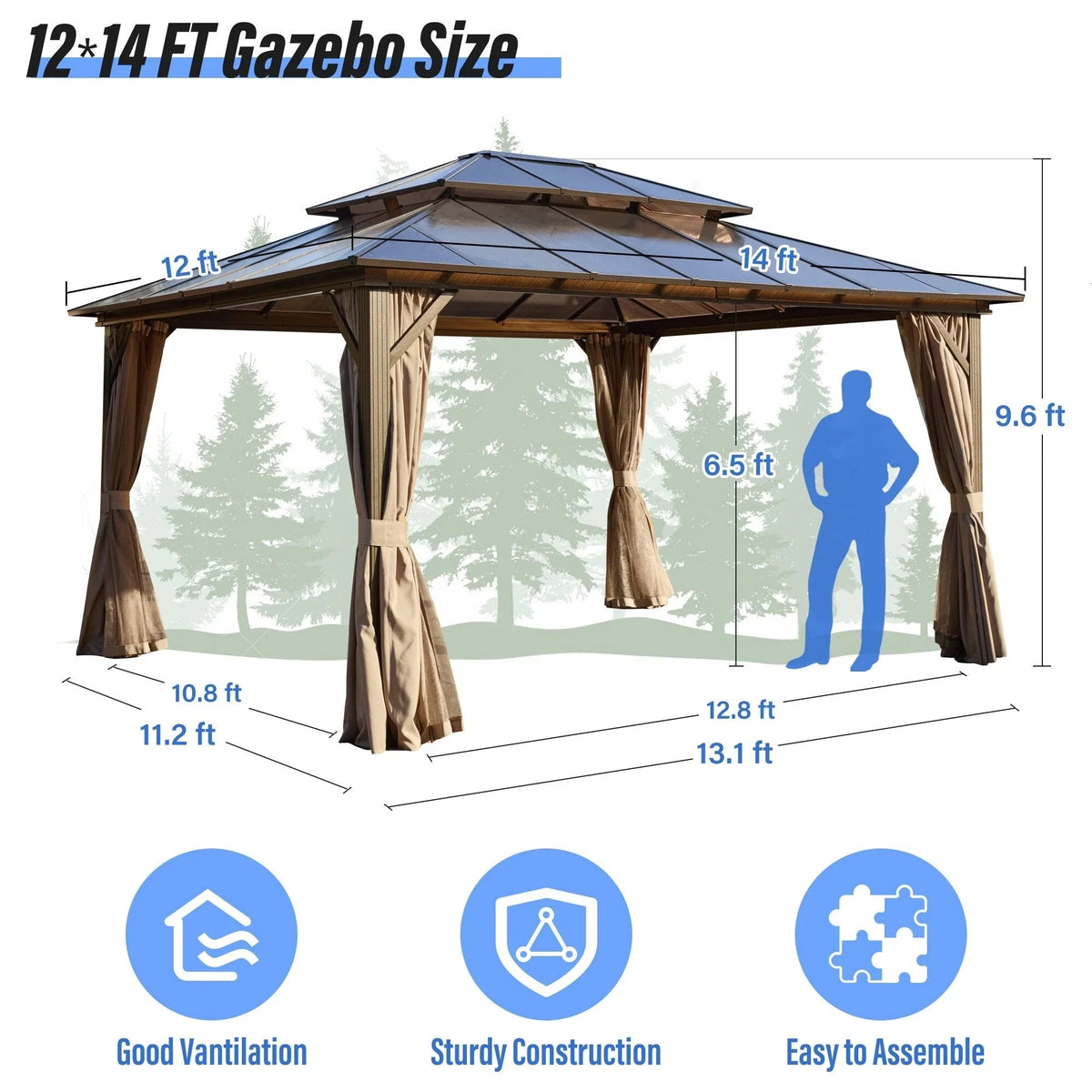 EROMMY Hardtop Gazebo,Outdoor Pergola with Double Roof & Netting & Curtains,Heavy Duty Canopy for Patio, Backyard, Pool party