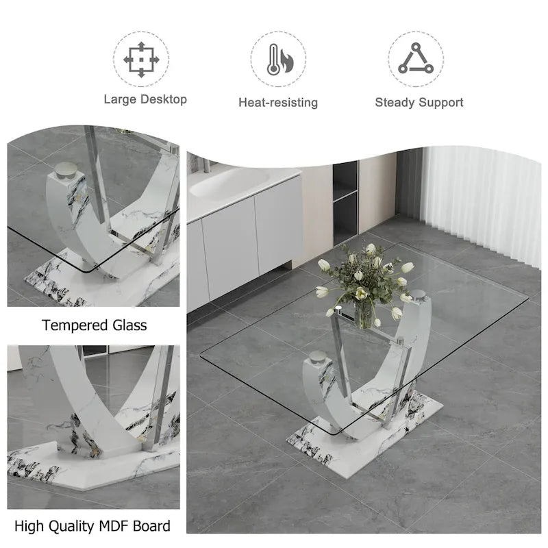 Modern Tempered Glass Dining Table Set with U-shaped Marble Pattern Base and PU Upholstered Chairs