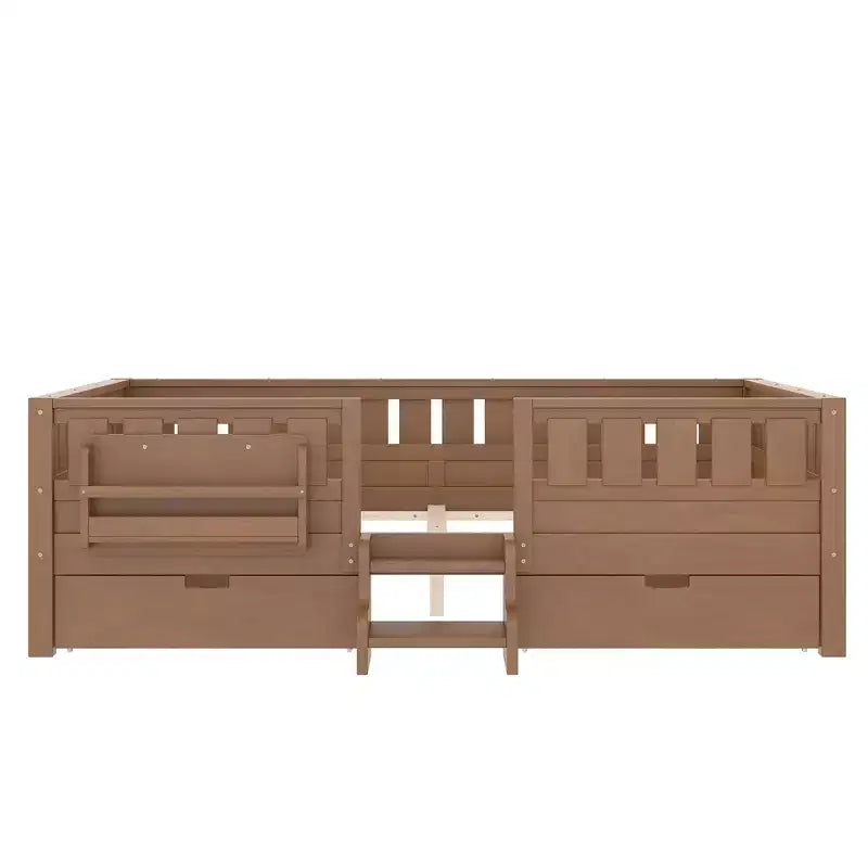 Bellemave Queen Size Toddler Bed with 14 Safety Guardrails, Space-saving Bed Frame with Built-in Bookshelves & 2 Under-Bed Storage Drawers