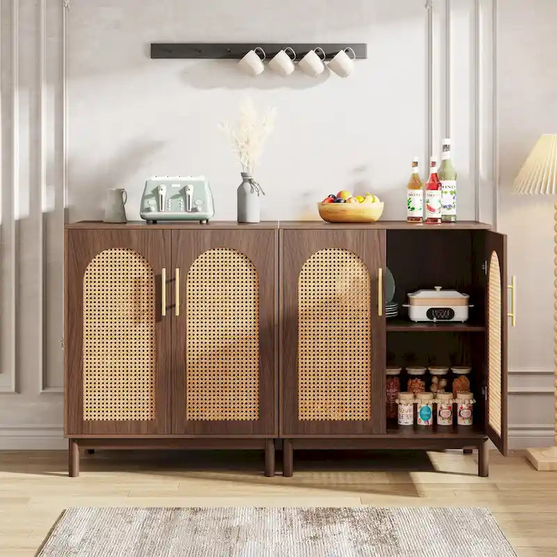 Set of 2 Rattan Sideboard, 59 Inch Buffet Cabinet with Doors, Accent Cabinet
