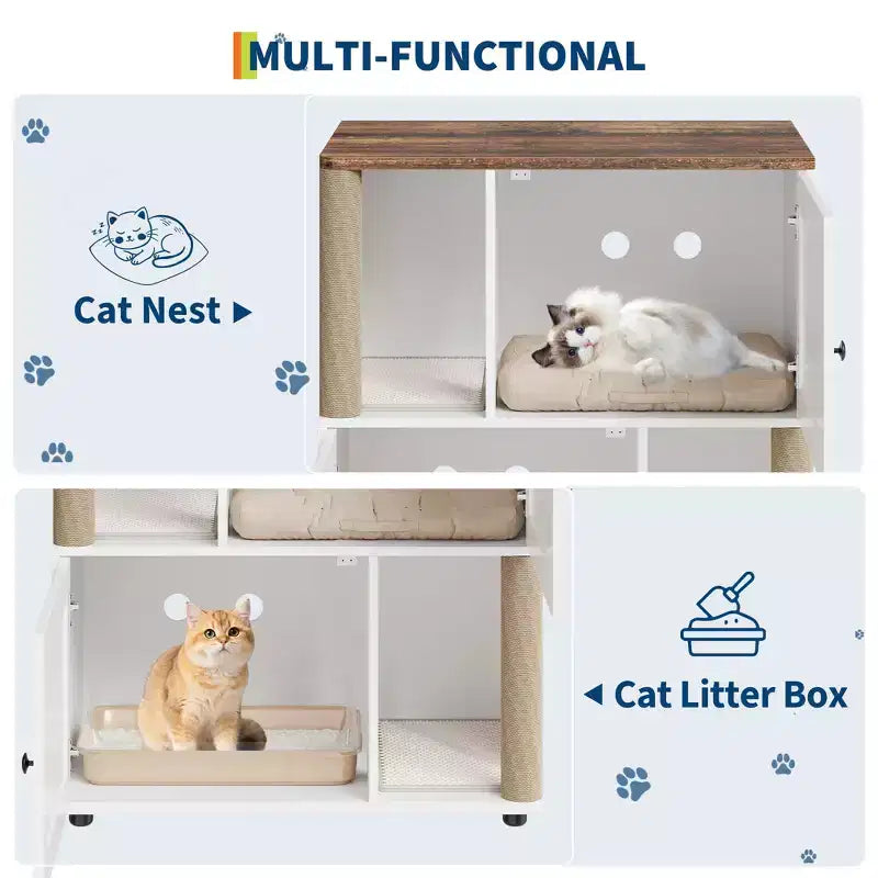 Litter Box Enclosure with Double Room, Hidden Enclosed Litterbox Furniture with Scratch Posts and Double-Layer Litter Mats Indoor Pet House