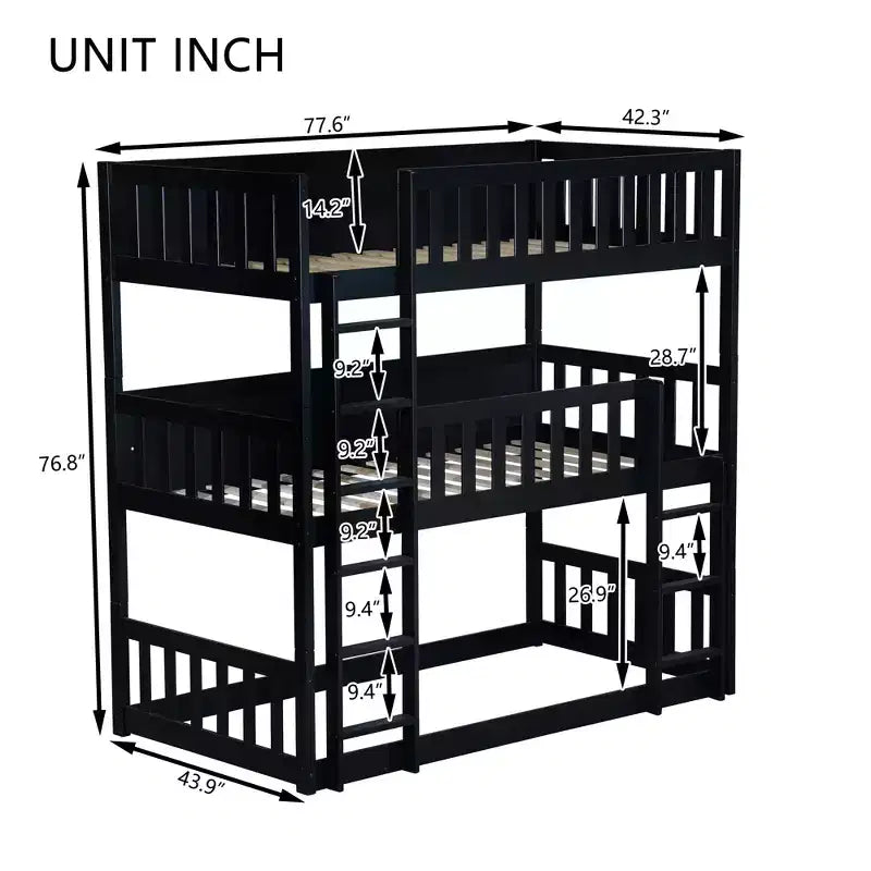 Triple Twin Bunk for Kids, Twin over Twin over Twin Detachable Bunk Bed with Ladder and Guardrail, Separate into 3 Beds