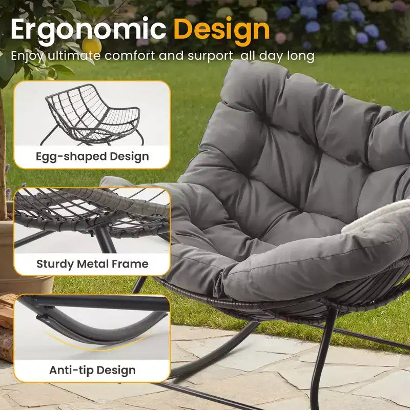 Heynemo Patio Rocking Chair with Ottoman, Outdoor Indoor Rocking Egg Chair with Cushions, Metal Lounge Chair Oversized Papasan Chair, Reading Chair