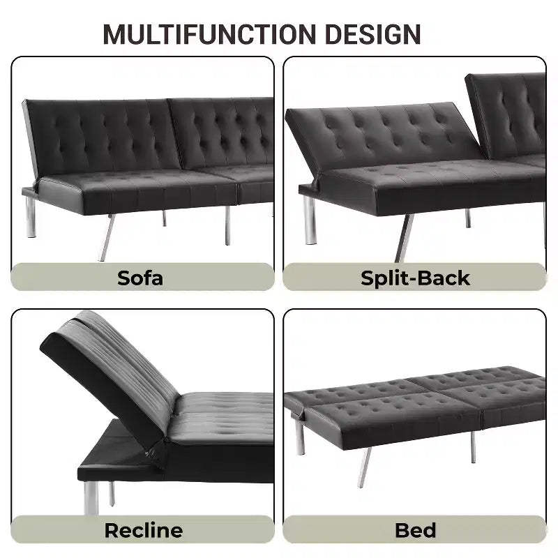 Tufted Split Back Futon Sofa Bed, Convertible Sofa bed with Chrome Legs