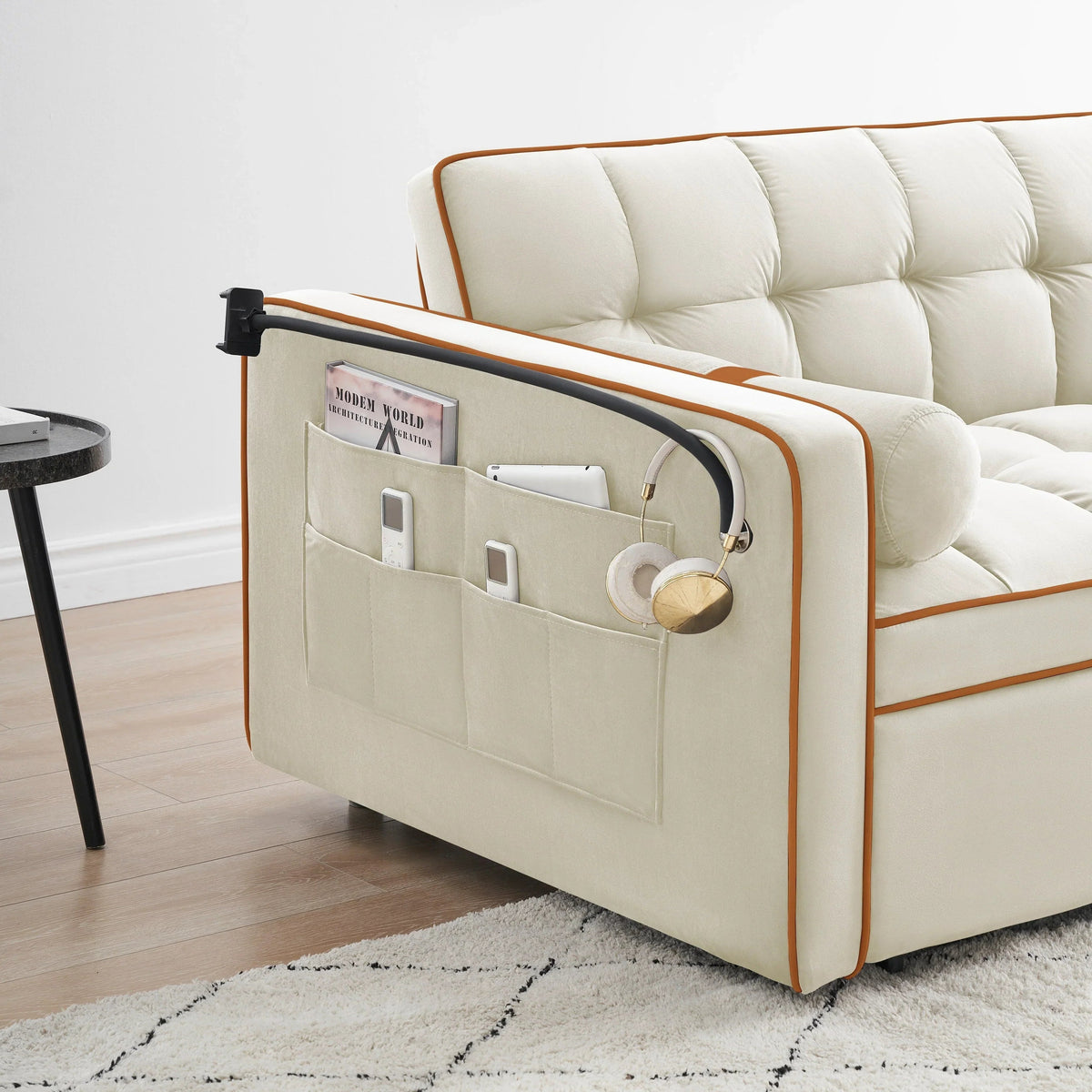 Velvet Convertible 55 2-Seater Sleeper Sofa with Pull-Out Bed, Adjustable Recline, Side Pockets, and Phone Holder