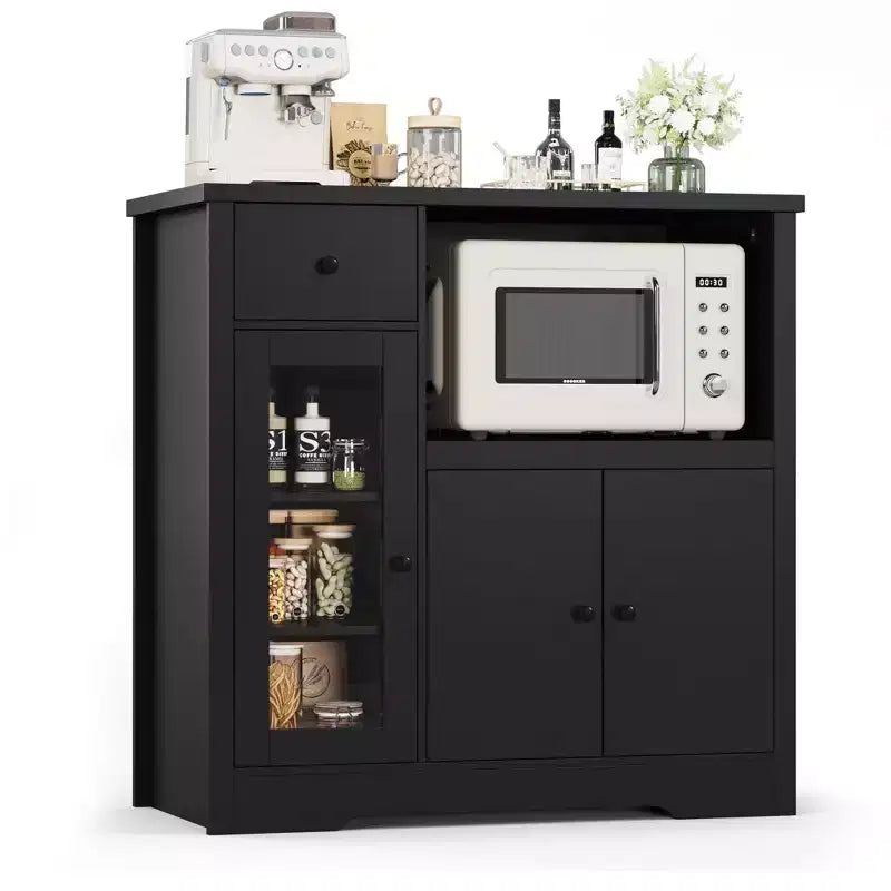 White & Walnut Kitchen Microwave Cabinet - 3-Door Pantry Storage Buffet with Adjustable Shelves for Dining Room, Living Room & Hallway