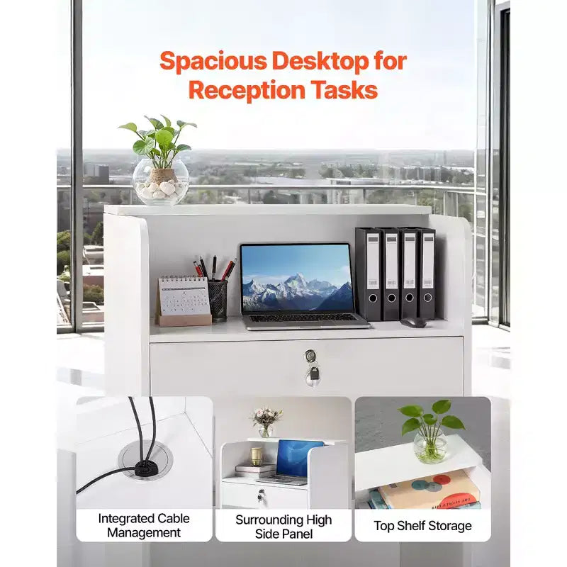 VEVOR Reception Desk, 23.6 in Rectangular Front Counter Table, Modern Office Reception Desk with Drawer, Small Minimalist Retail Counter Table,White