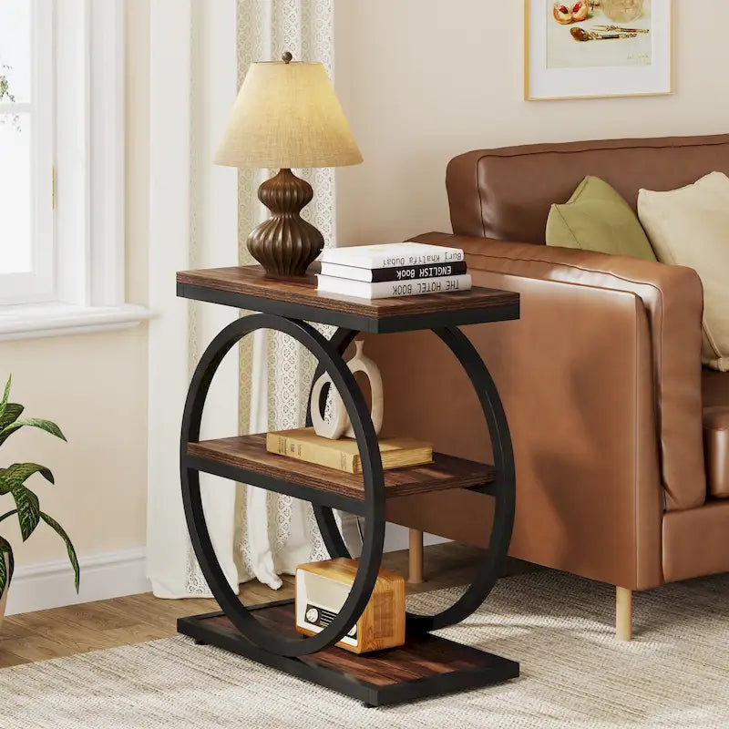 Narrow End Table with 3 Storage Shelves, Wood Side Table for Living Room