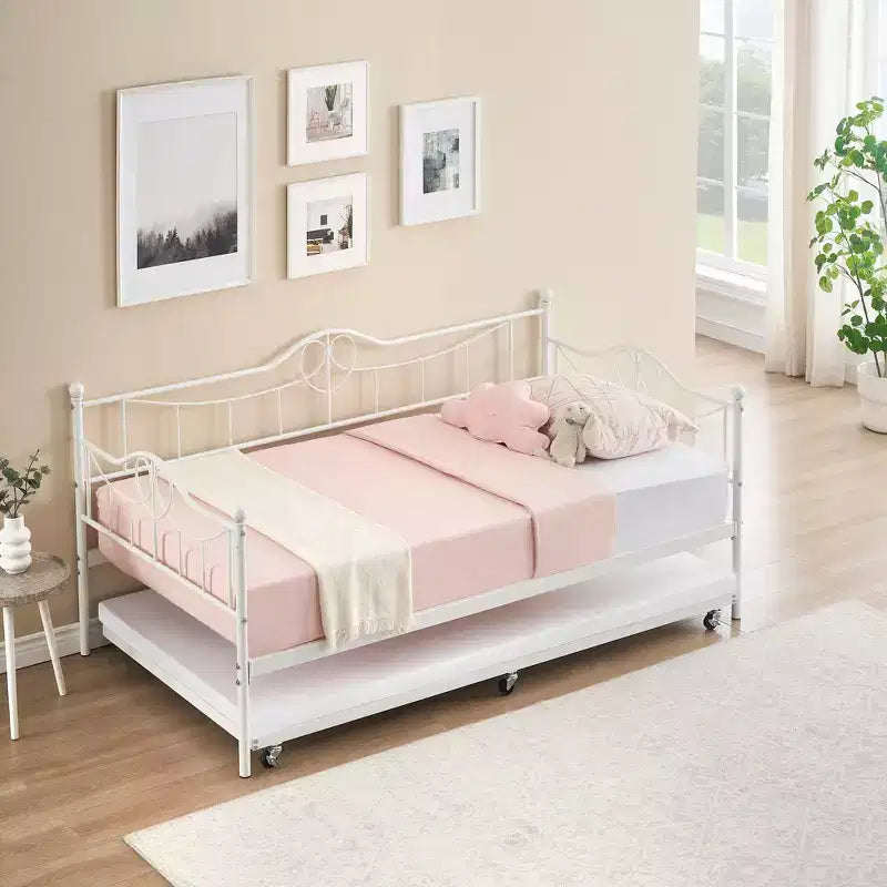Twin Day Bed with Trundle Bed Twin, Metal Daybed with Trundle, Daybed with Trundle Bed Frame, Steel Slat Support Sofa Bed for Kids Teens Adults