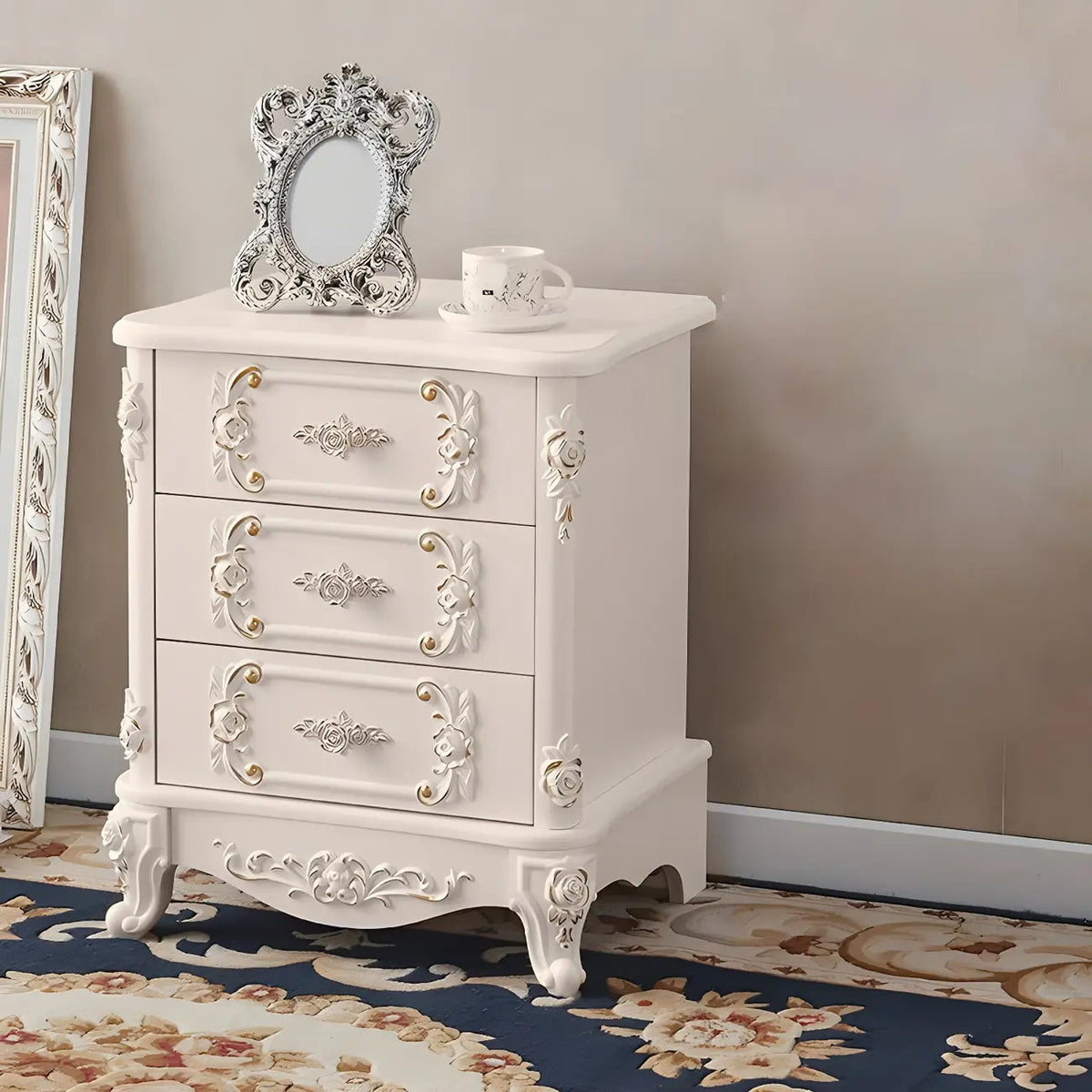 Traditional White Wood Carved 3-Drawer Nightstand