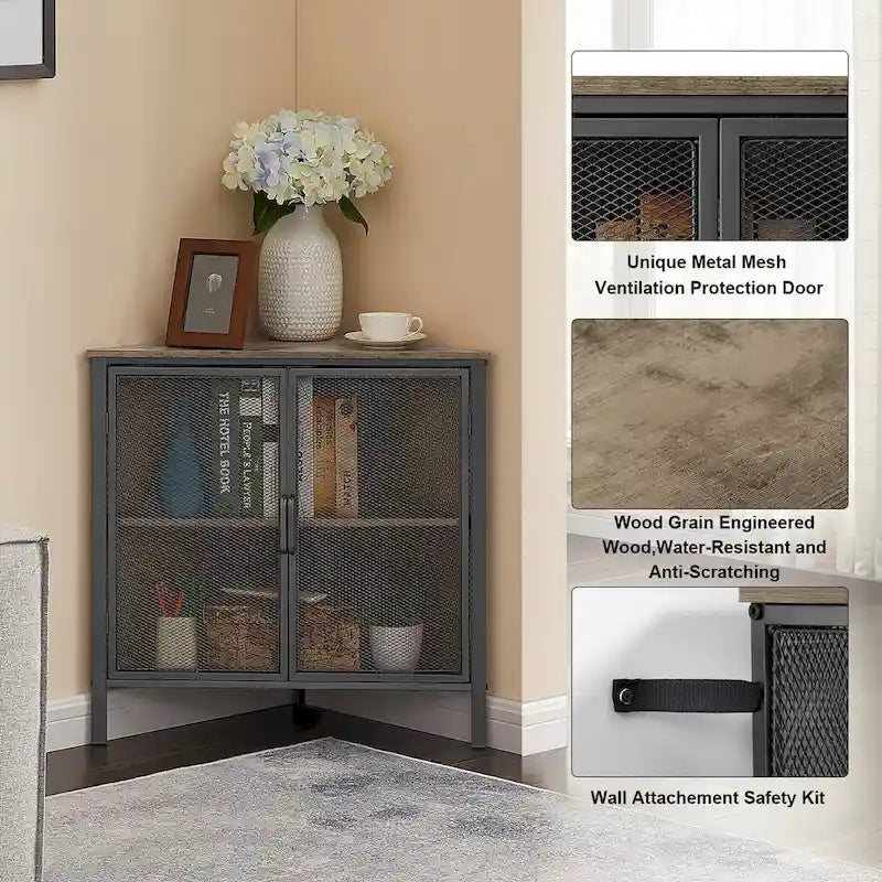 Javlergo Corner Table Modern Triangle 3-tier Storage Shelf with 2 Doors for Living Room Bedroom Office