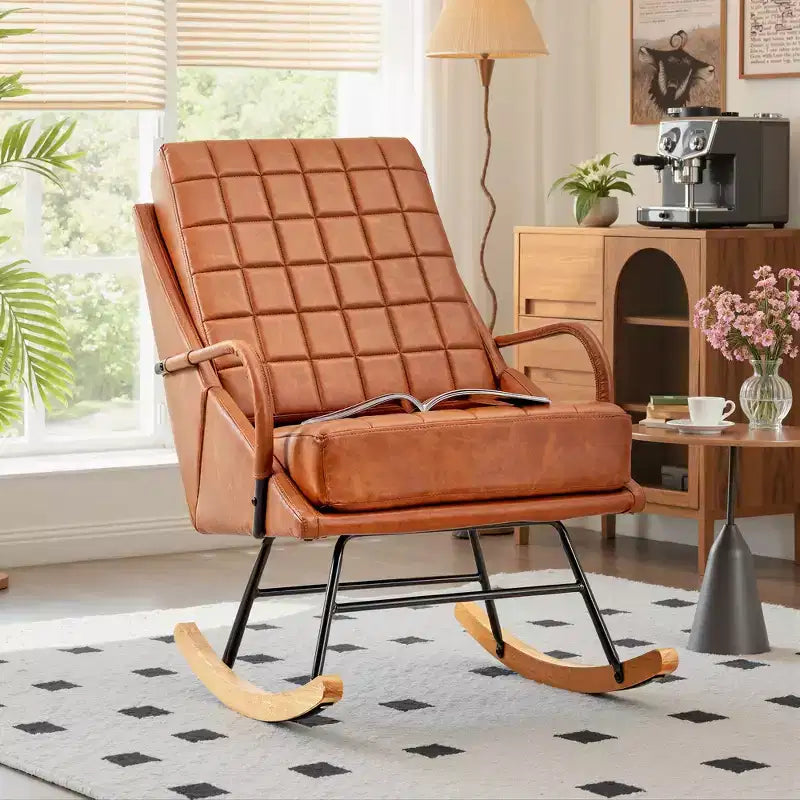 VECELO Upholstered Faux Leather/Teddy Fabric Rocking Chair Modern Lounge Rocker Recliner with Padded Seat, Safe Solid Wood Base White/Brown