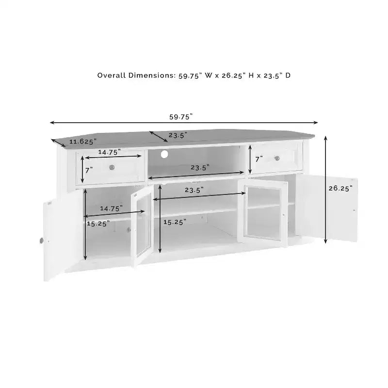 White Corner TV Stand for TVs up to 65, Beveled Glass Doors, 1-Person Assembly