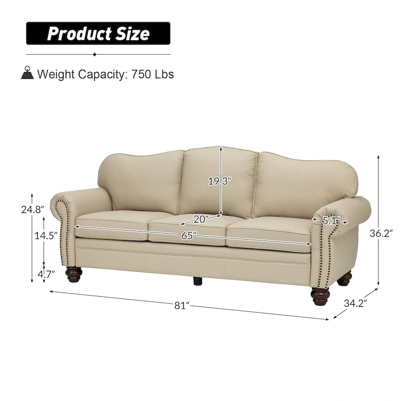 Balvino 81 Wide Transitional Genuine Leather Rolled Arm Sofa with Nailhead Trim and Removable Cushions