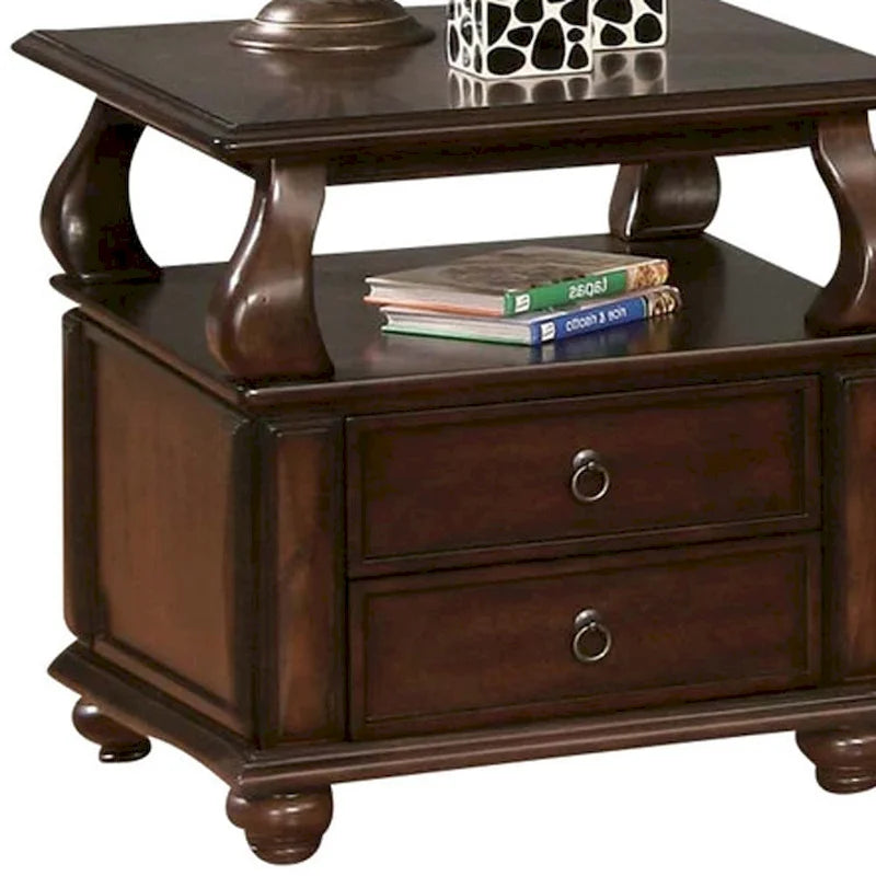 HomeRoots 26  Brown Solid Wood Square End Table With Two Drawers And Shelf - 26 X 26 X 28