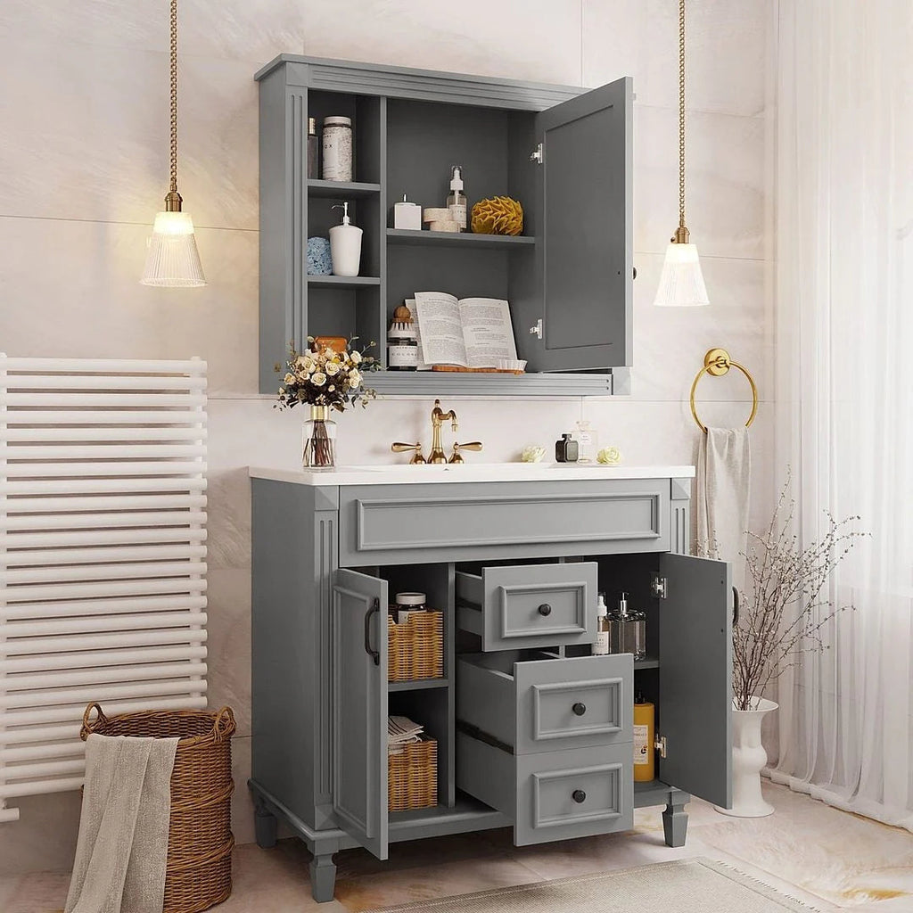 36 Modern Bathroom Vanity with Top Sink and Mirror Cabinet,2 Doors and 2 Drawers