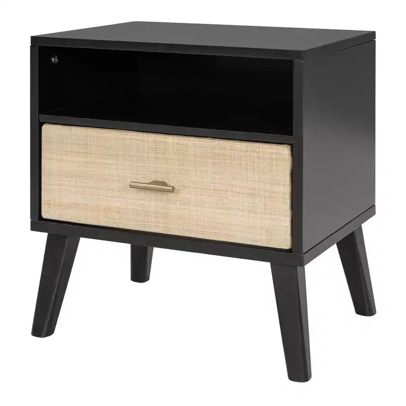 Queen Size Solid Wood Bed Frame with 2 Nightstands, Elegant Rattan and Wood Combination Platform Bed with Lamps - ModernLuxe