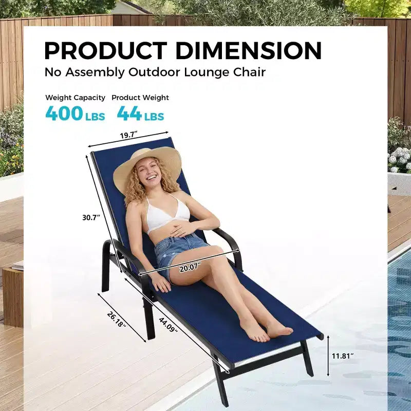 Outdoor Lounge Chair Set of 2  5-Position Adjustable Recliner, Textilene Fabric, 76 Pool Chaise for Patio, Garden & Poolside