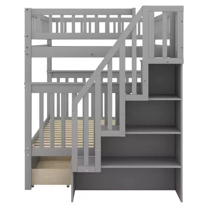 Full over Full Bunk Bed with Drawers and Storage Staircase