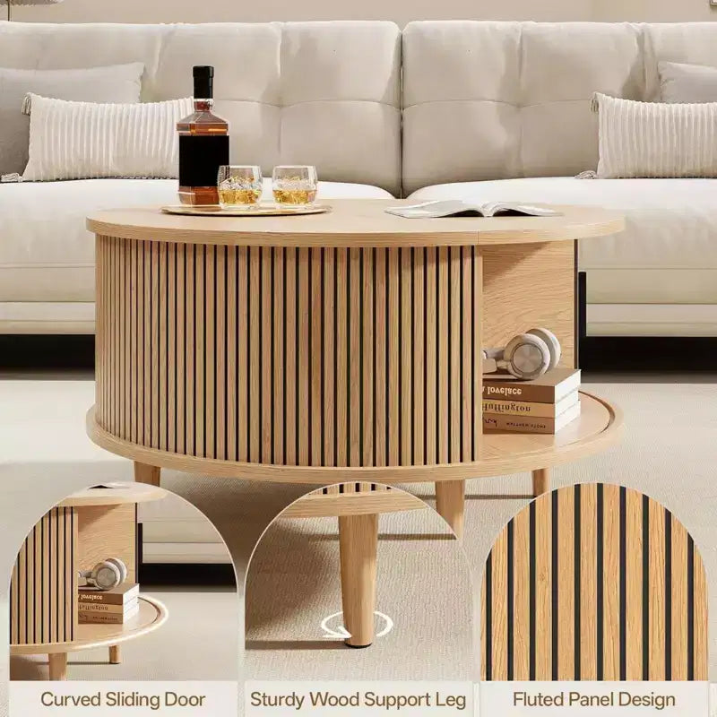 NAYSAYE Round Coffee Table with Storage, 31.5 Fluted Center Table for Living Room, Modern Walnut Wood Circle End Table for Small Space