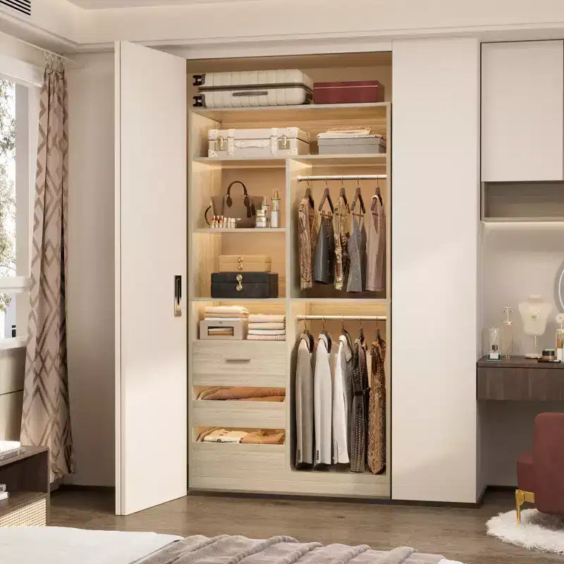 Closet Organizer with Wood Drawers, Freestanding Closet System with Hanging Rods
