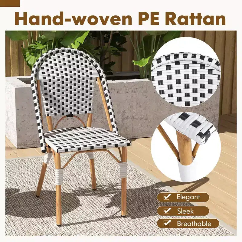 Costway French Bistro Chair Set of 4 w/ Hand-woven Rattan Galvanized Metal Frame Outdoor