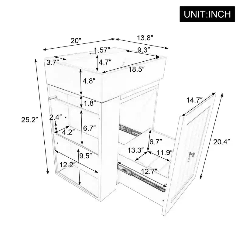 Bathroom Vanity with Ceramic Sink, MDF Storage Drawer, Side Shelf & Golden Handle