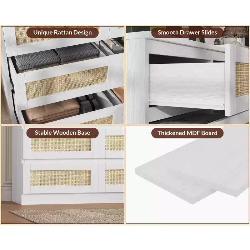Dresser for Bedroom, Rattan 9 Drawer Dresser for Closet, Double Wood Dressers & Chest of Drawers