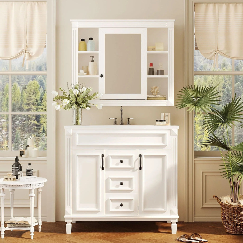 36 Modern Bathroom Vanity with Top Sink and Mirror Cabinet,2 Doors and 2 Drawers