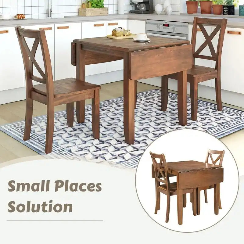 3-Piece Wood Drop Leaf Breakfast Nook Dining Table Set with 2 X-back Chairs for Small Places