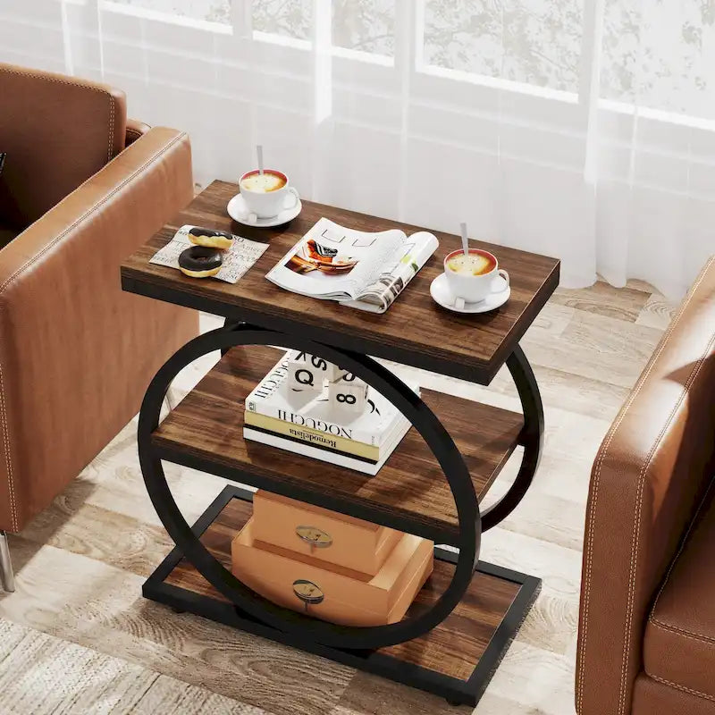 Narrow End Table with 3 Storage Shelves, Wood Side Table for Living Room