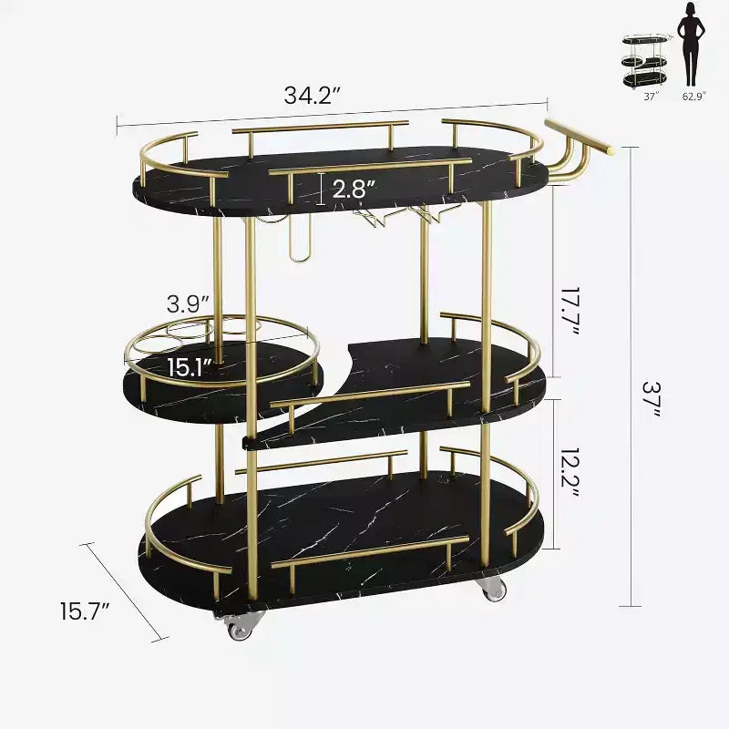 Bar Carts with 4-Tiers Storage ShelvesMobile Bar Seving Carts On Wheels with Wine Rack and Glass Holder for Kitchen, Dining Room, Living Room
