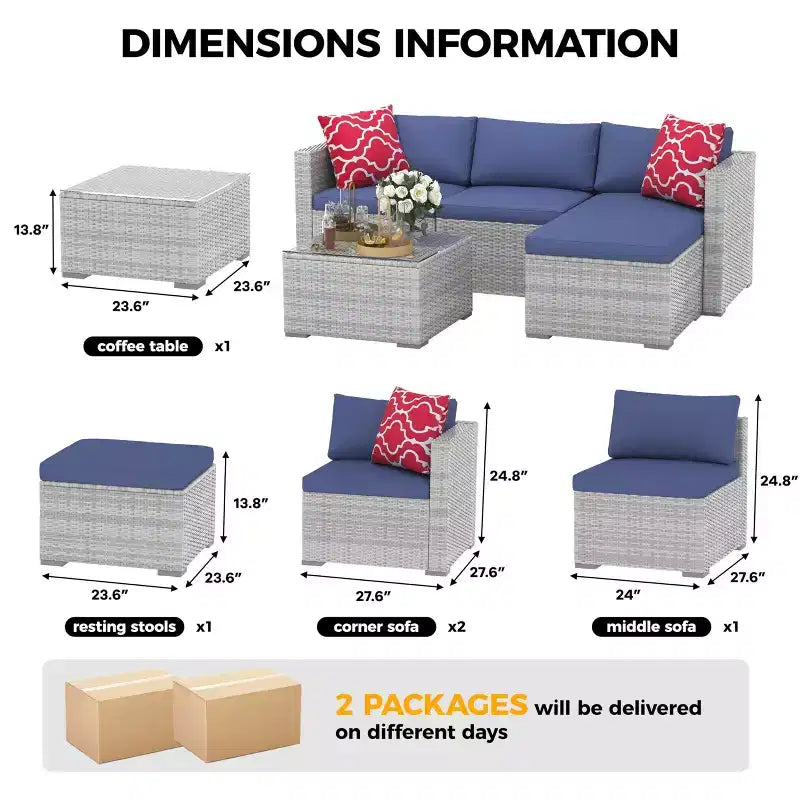 5 Pieces Patio Furniture Set, All-Weather Wicker Sectional Sofa With Anti-Slip Cushions, Rattan Outdoor Patio Furniture Sofa Set With Ottoman
