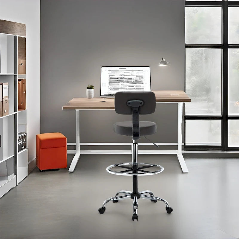 Height Adjustable Drafting Stool - With Premium Leather, Rolling Wheels