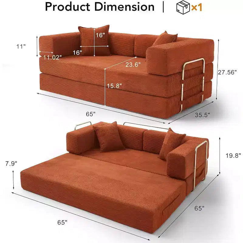 Dyonery 65-in five-in-one folding floor sofa bed, convertible into a double bed sofa bed, with a fixed metal frame, corduroy