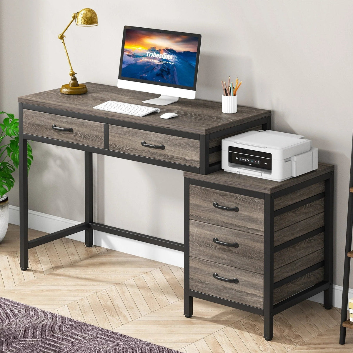 Reversible Computer Desk with 5 Drawers, Home Office Desk with File Cabinet Drawer Printer Stand