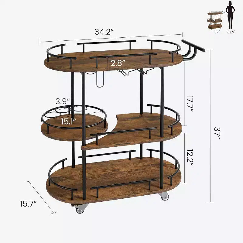 Bar Carts with 4-Tiers Storage ShelvesMobile Bar Seving Carts On Wheels with Wine Rack and Glass Holder for Kitchen, Dining Room, Living Room