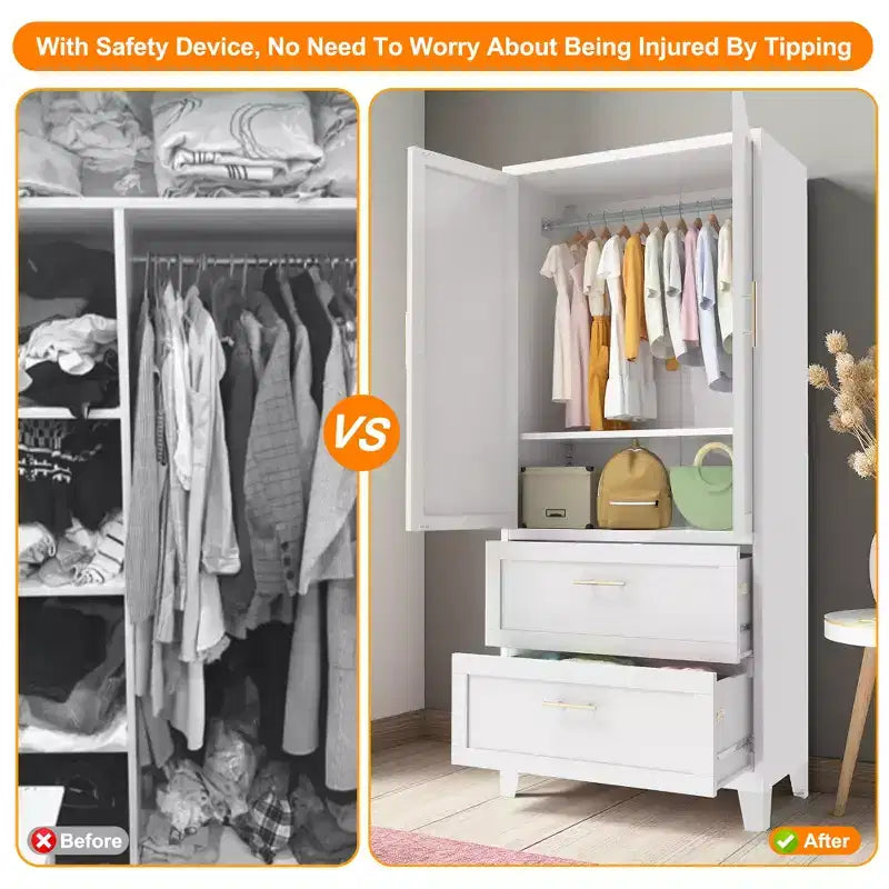 JVNOXK 71 inchTall Metal Wardrobe Cabinet with 2 Drawers and Hanging Rod, 2 Doors Wardrobe Closet with Shelf for Bedroom, White