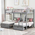 Full Over Twin & Twin Bunk Bed for 3, Wooden Triple Bunk Bed with 2 Storage Drawers, can be Divided into 3 Separate Beds